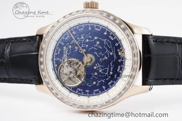 Master Grande Tradition RG Blue Revolves Dial Diamonds Bezel on Black Leather Strap