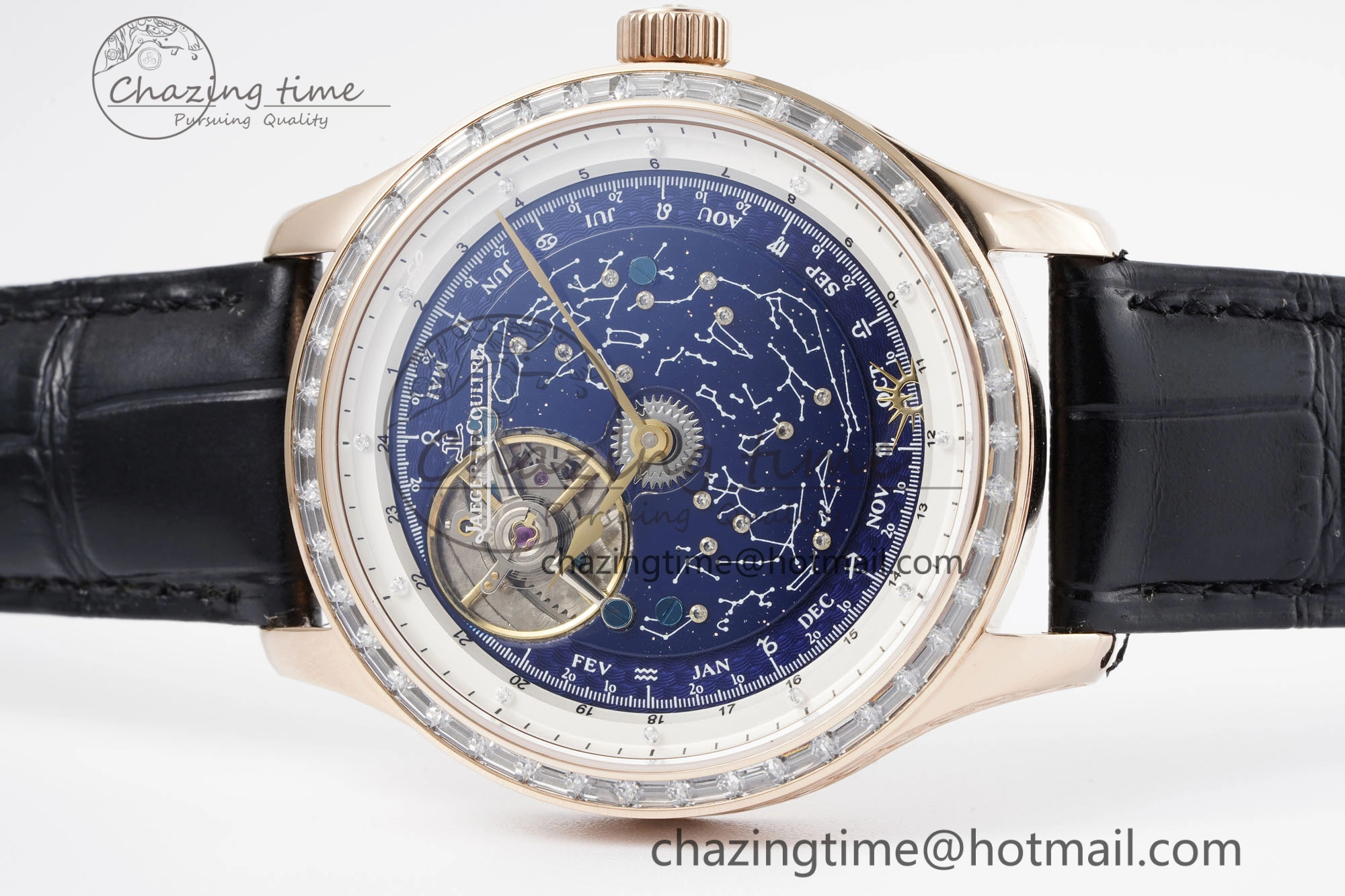 Master Grande Tradition RG Blue Revolves Dial Diamonds Bezel on Black Leather Strap