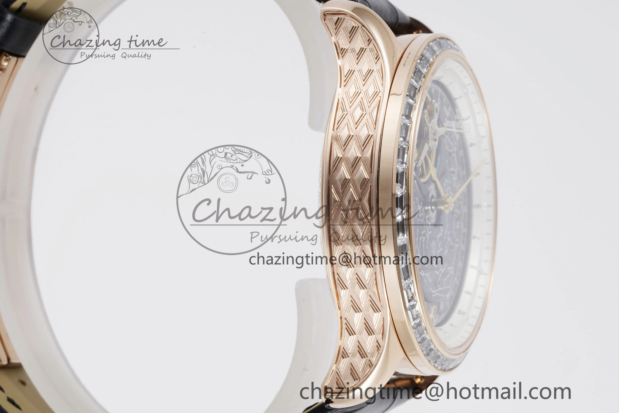Master Grande Tradition RG Blue Revolves Dial Diamonds Bezel on Black Leather Strap