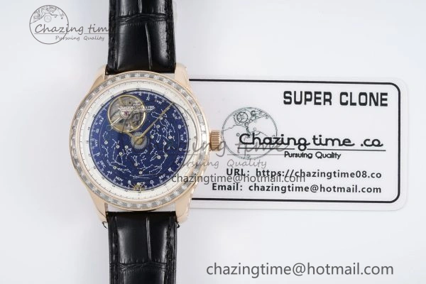 Master Grande Tradition RG Blue Revolves Dial Diamonds Bezel on Black Leather Strap