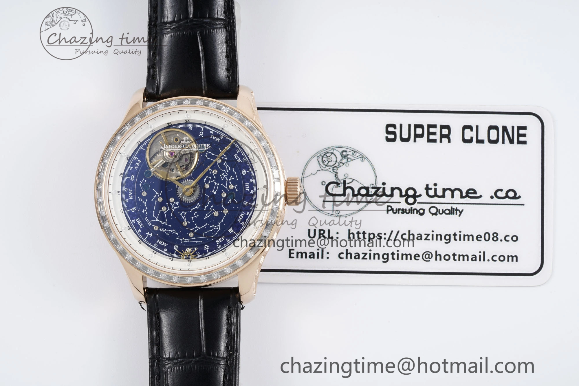 Master Grande Tradition RG Blue Revolves Dial Diamonds Bezel on Black Leather Strap