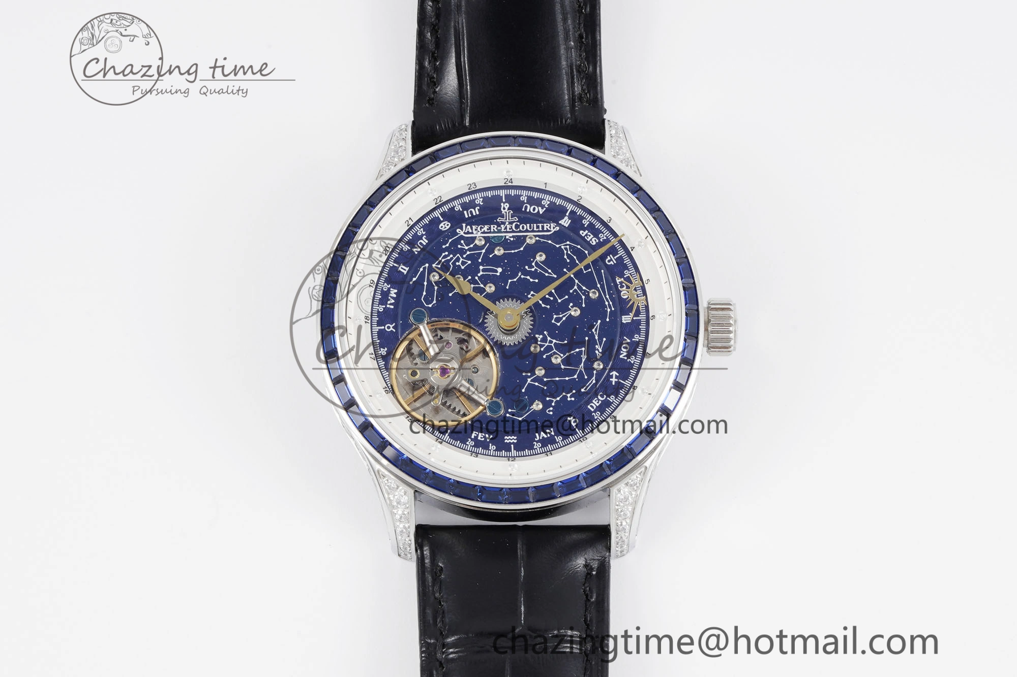 Master Grande Tradition SS Blue Revolves Dial Blue Diamonds Bezel on Black Leather Strap