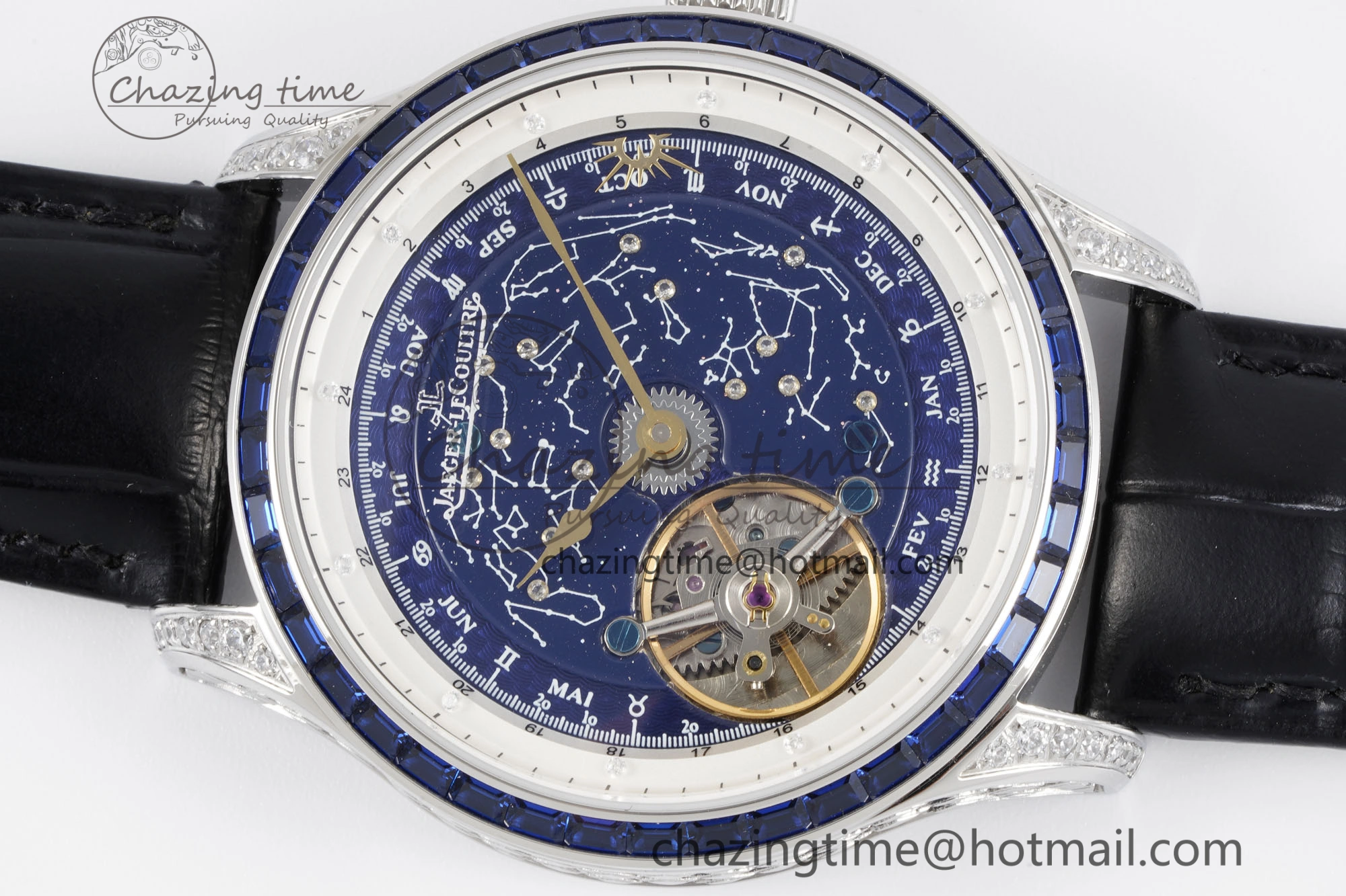 Master Grande Tradition SS Blue Revolves Dial Blue Diamonds Bezel on Black Leather Strap