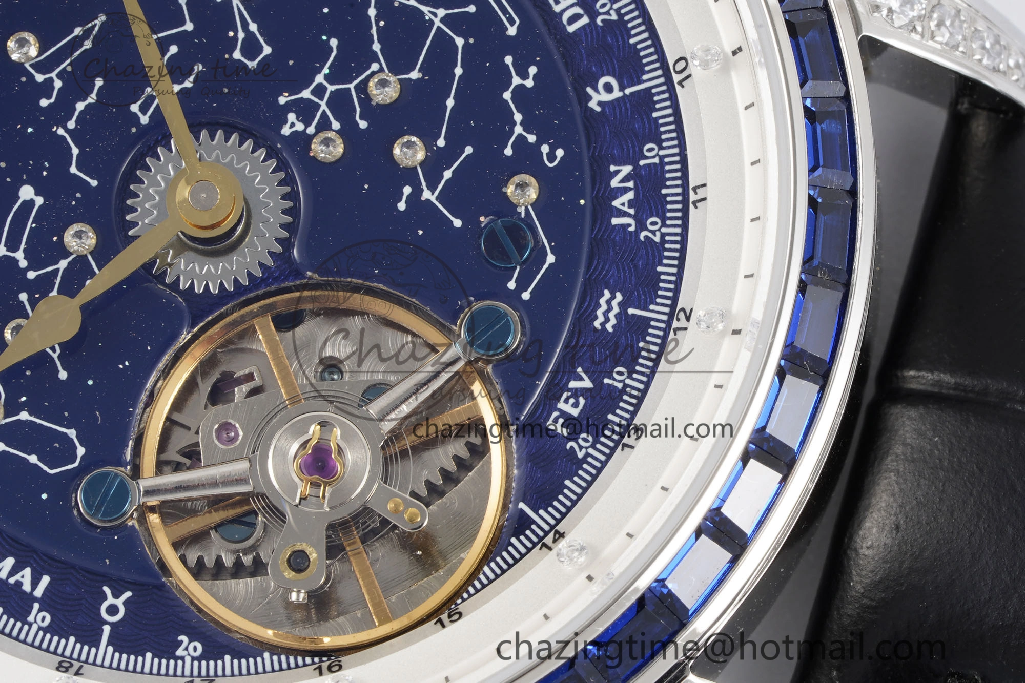 Master Grande Tradition SS Blue Revolves Dial Blue Diamonds Bezel on Black Leather Strap