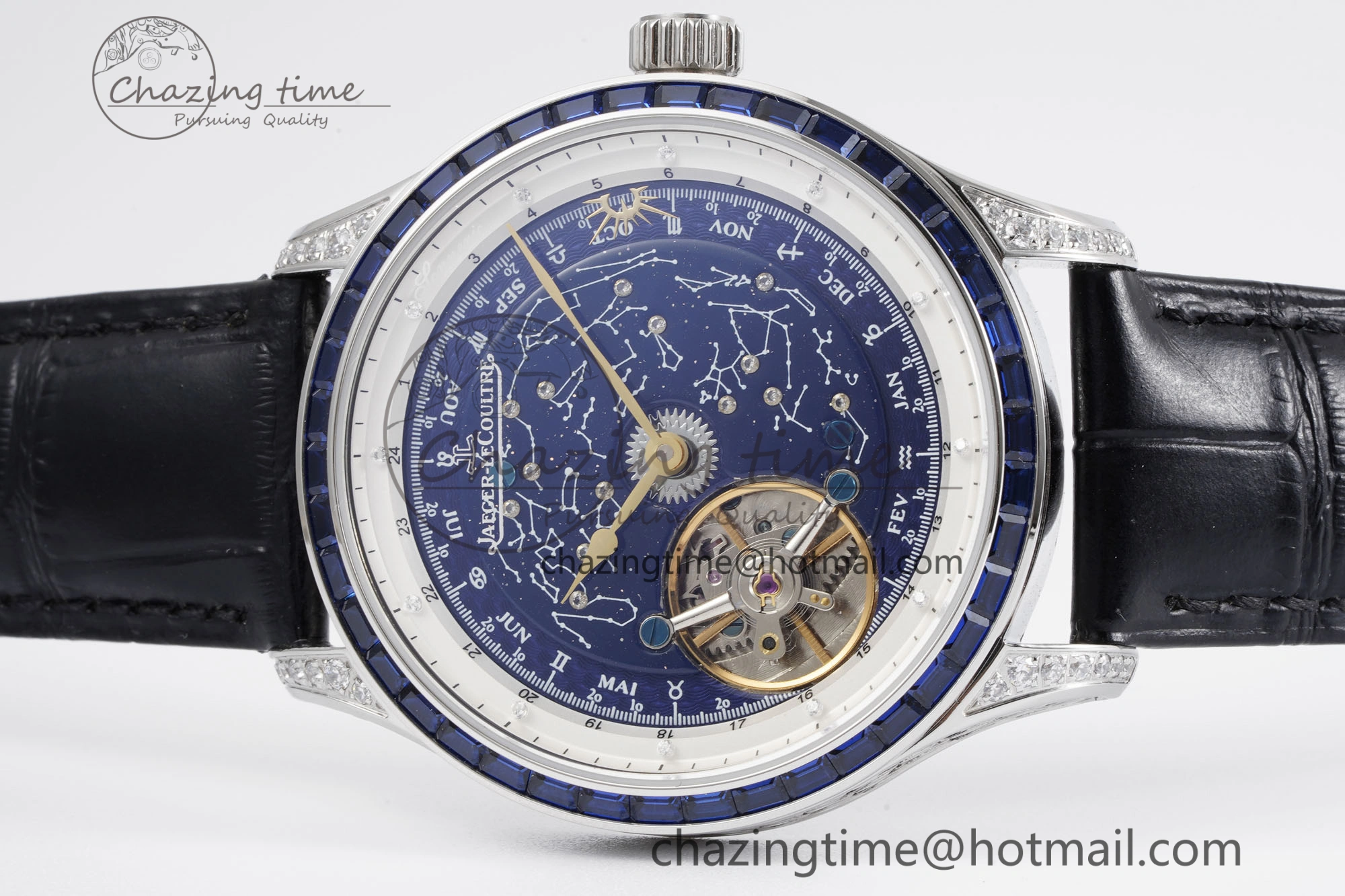 Master Grande Tradition SS Blue Revolves Dial Blue Diamonds Bezel on Black Leather Strap