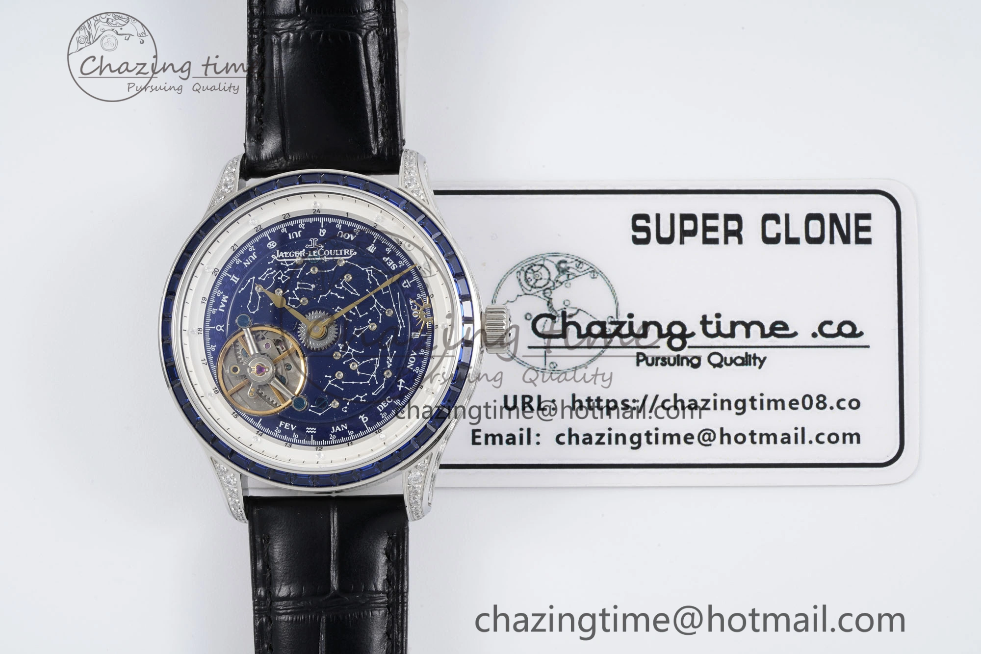 Master Grande Tradition SS Blue Revolves Dial Blue Diamonds Bezel on Black Leather Strap