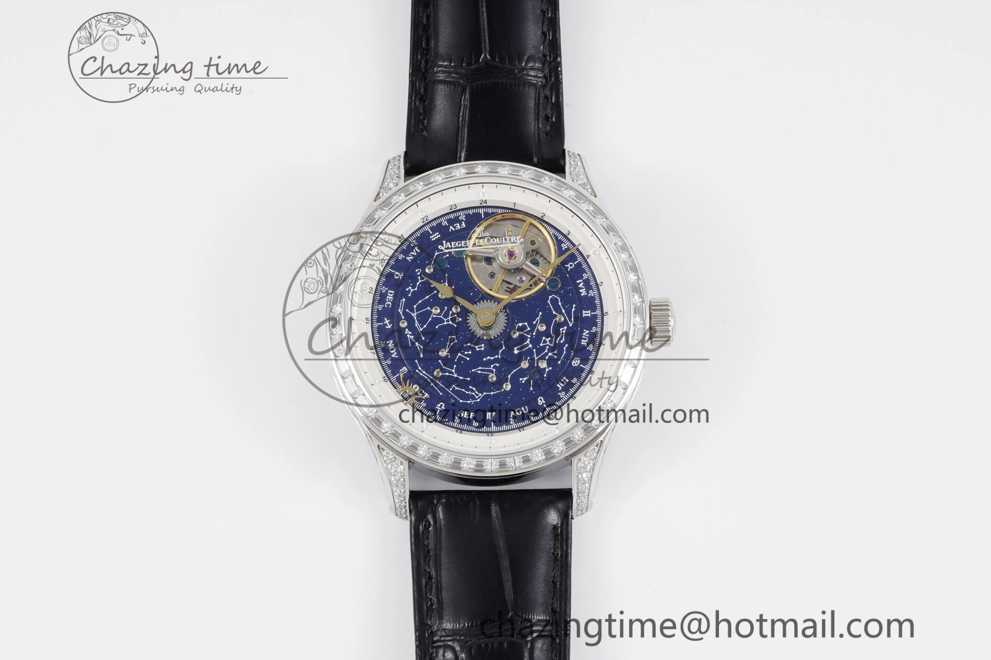 Master Grande Tradition SS Blue Revolves Dial Diamonds Bezel on Black Leather Strap