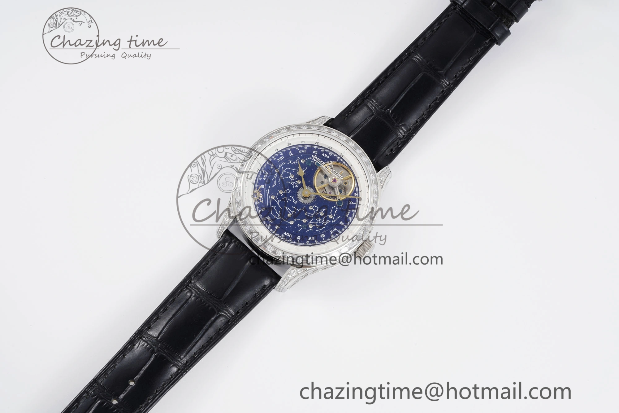 Master Grande Tradition SS Blue Revolves Dial Diamonds Bezel on Black Leather Strap