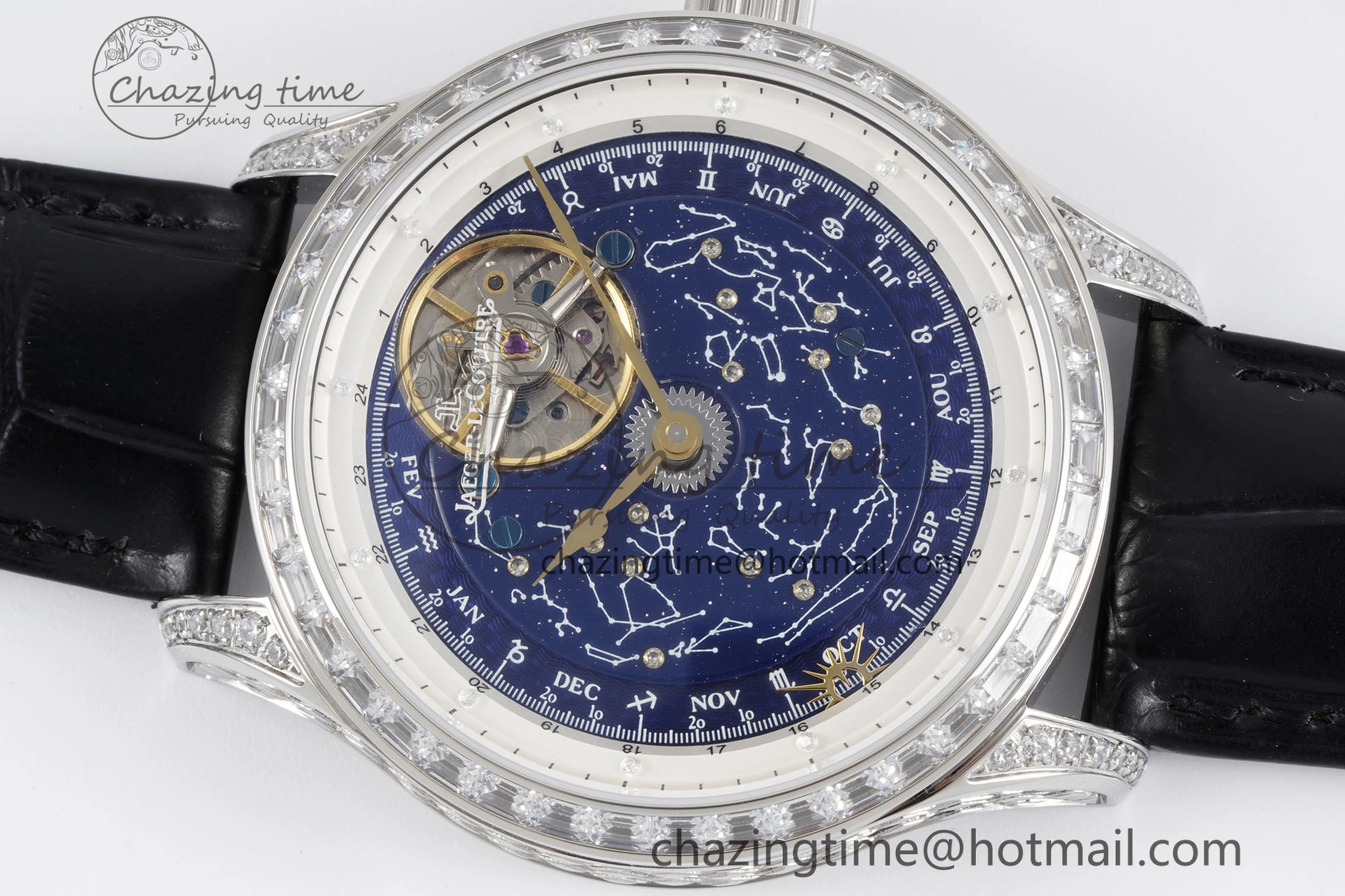 Master Grande Tradition SS Blue Revolves Dial Diamonds Bezel on Black Leather Strap