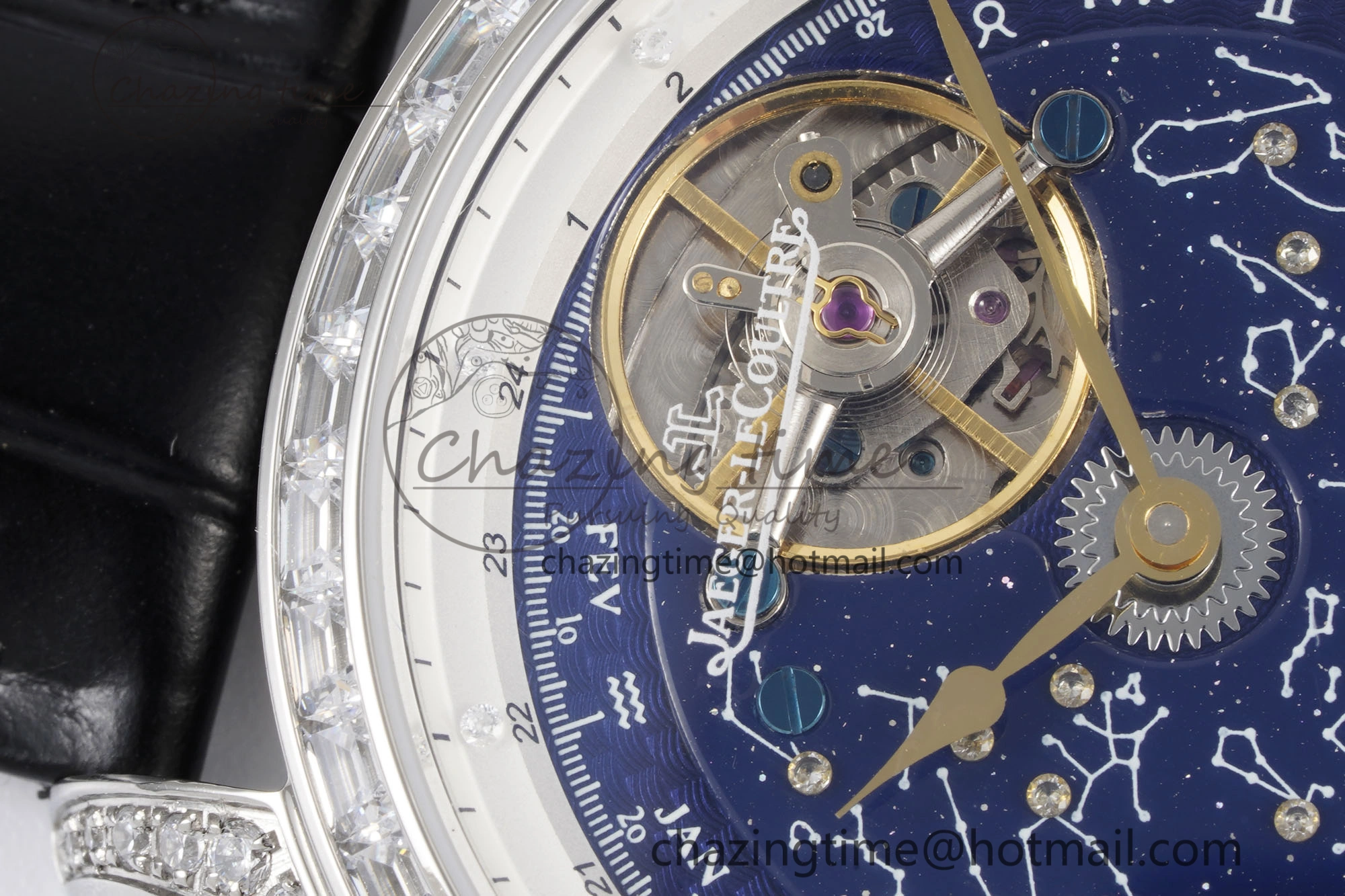 Master Grande Tradition SS Blue Revolves Dial Diamonds Bezel on Black Leather Strap