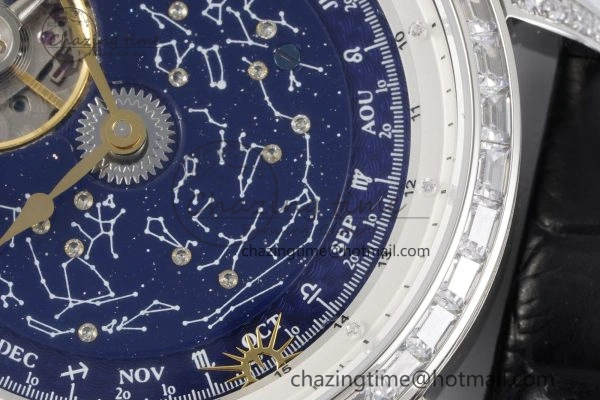 Master Grande Tradition SS Blue Revolves Dial Diamonds Bezel on Black Leather Strap