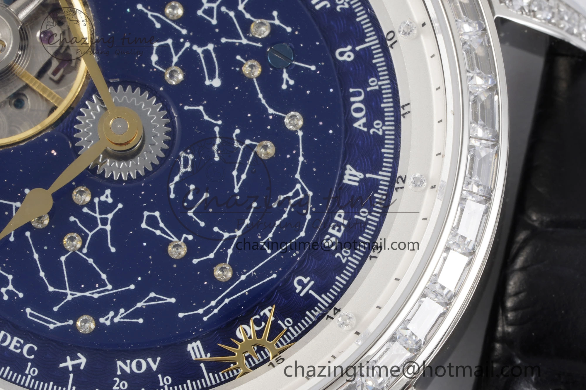 Master Grande Tradition SS Blue Revolves Dial Diamonds Bezel on Black Leather Strap
