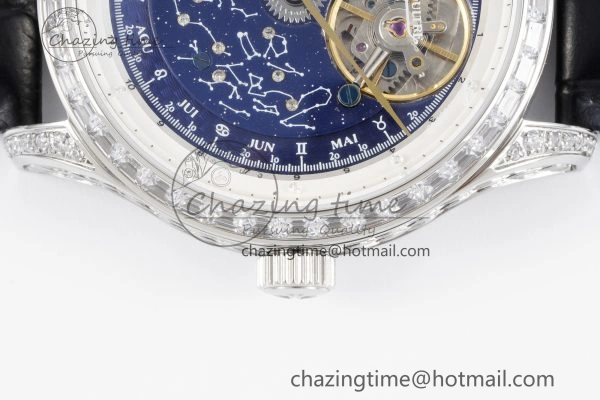 Master Grande Tradition SS Blue Revolves Dial Diamonds Bezel on Black Leather Strap