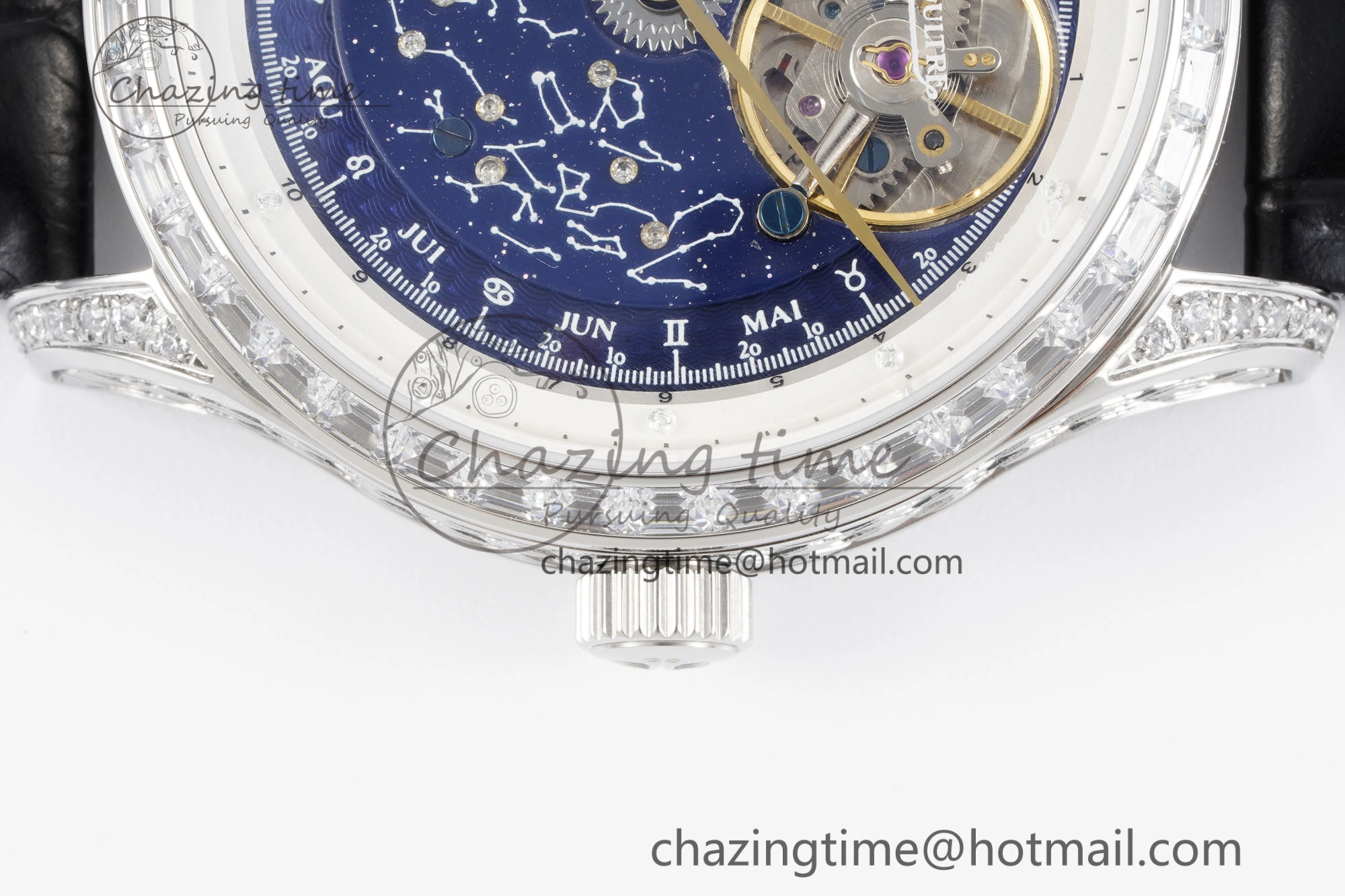 Master Grande Tradition SS Blue Revolves Dial Diamonds Bezel on Black Leather Strap