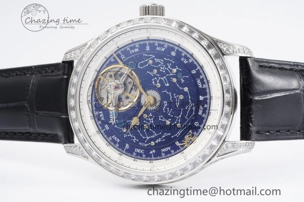 Master Grande Tradition SS Blue Revolves Dial Diamonds Bezel on Black Leather Strap