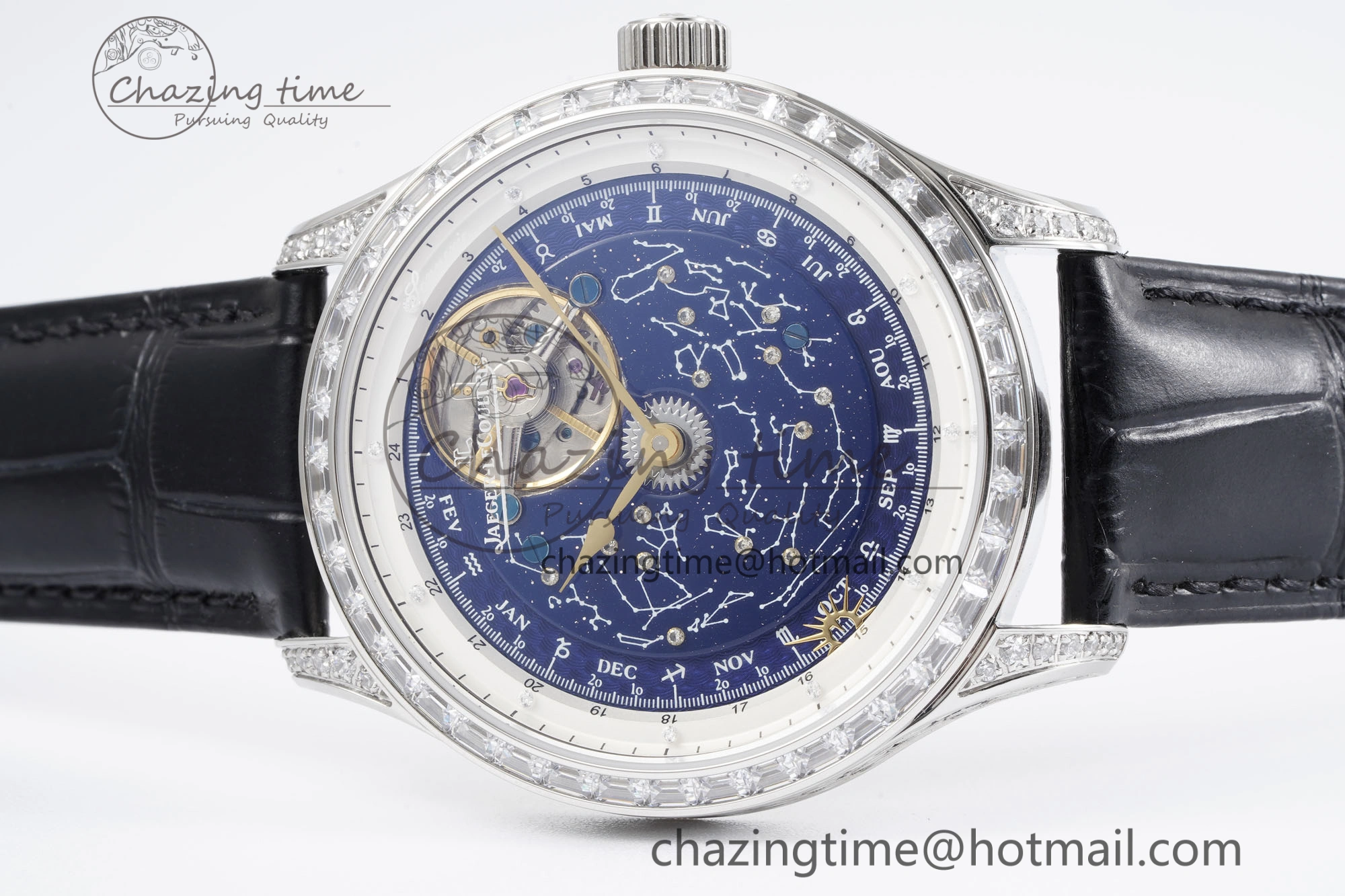 Master Grande Tradition SS Blue Revolves Dial Diamonds Bezel on Black Leather Strap