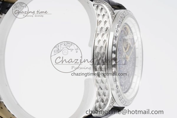 Master Grande Tradition SS Blue Revolves Dial Diamonds Bezel on Black Leather Strap