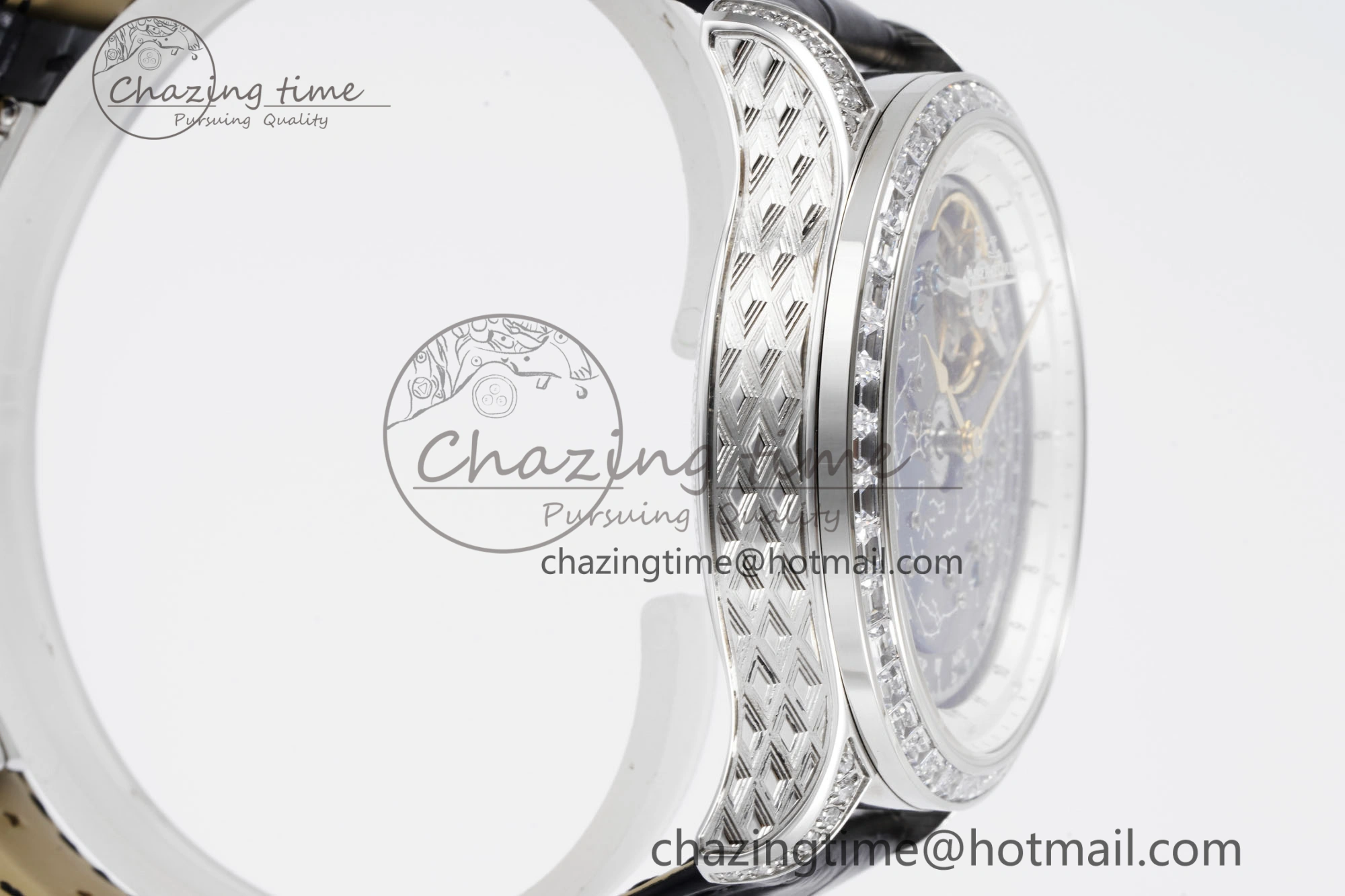 Master Grande Tradition SS Blue Revolves Dial Diamonds Bezel on Black Leather Strap