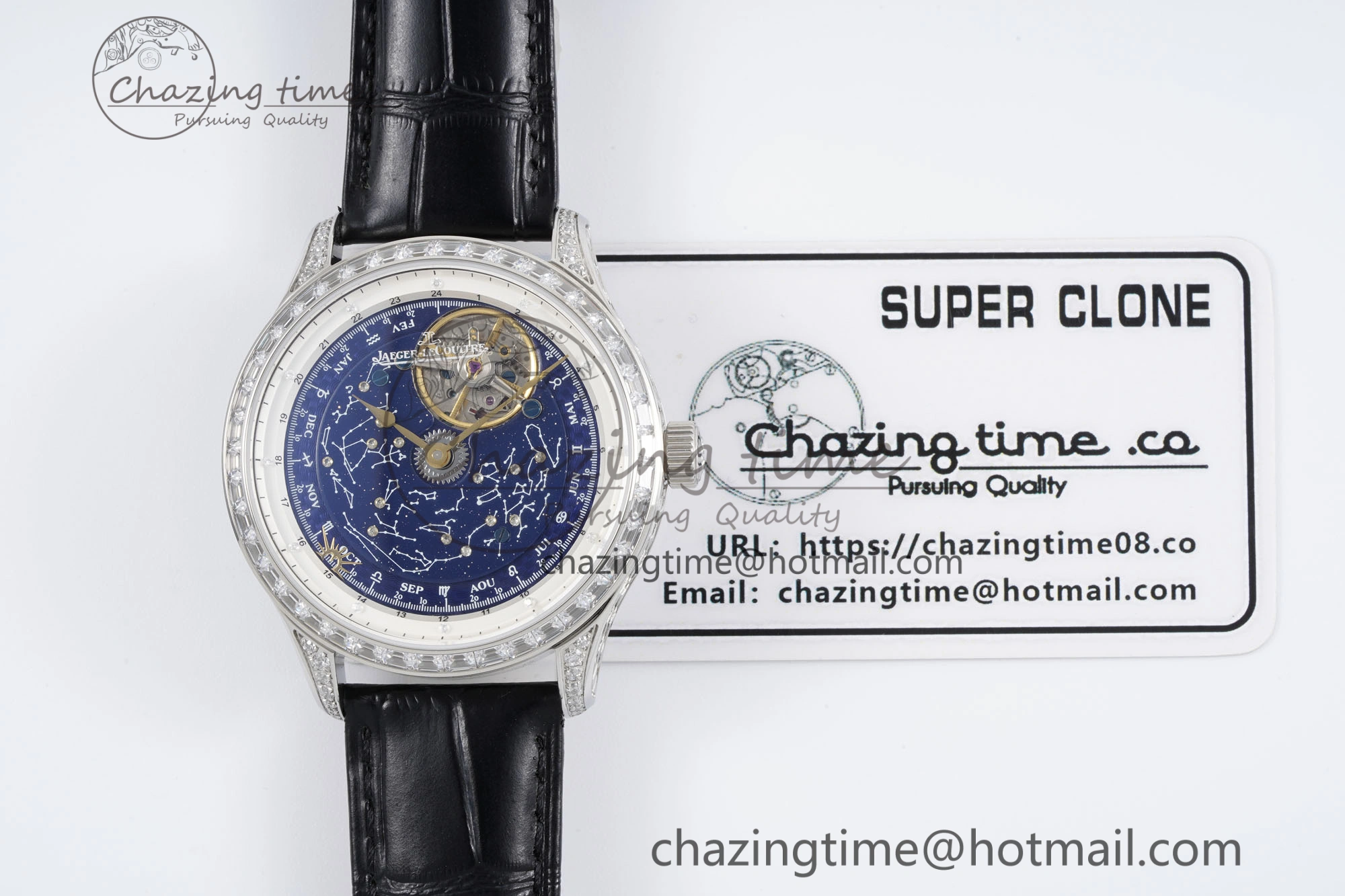 Master Grande Tradition SS Blue Revolves Dial Diamonds Bezel on Black Leather Strap