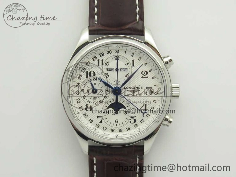 Master Moonphase Chronograph SS GSF 1:1 Best Edition White Dial on Brown Leather Strap A7751