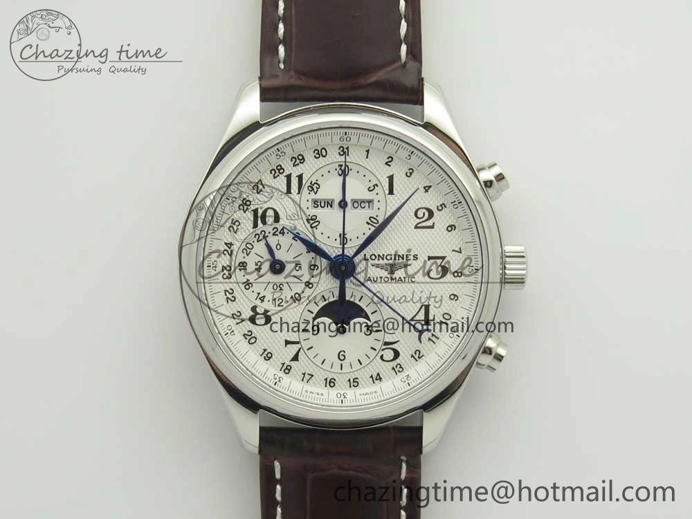 Master Moonphase Chronograph SS GSF 1:1 Best Edition White Dial on Brown Leather Strap A7751