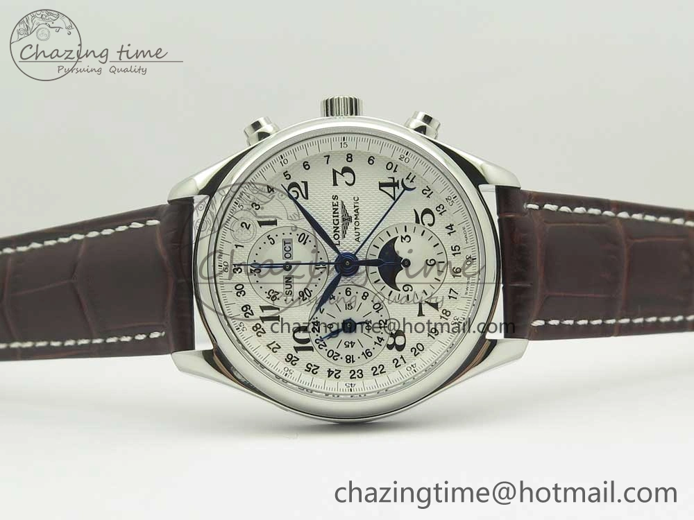 Master Moonphase Chronograph SS GSF 1:1 Best Edition White Dial on Brown Leather Strap A7751