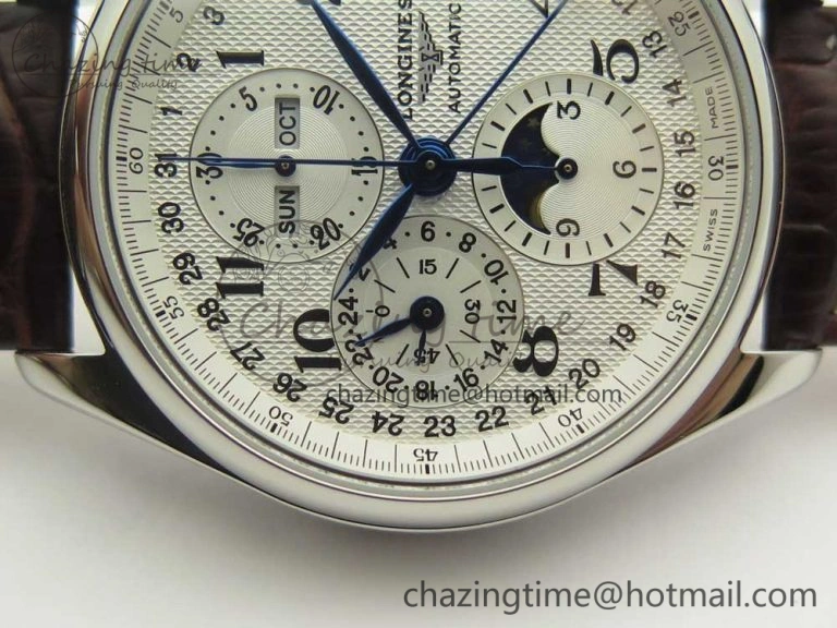 Master Moonphase Chronograph SS GSF 1:1 Best Edition White Dial on Brown Leather Strap A7751