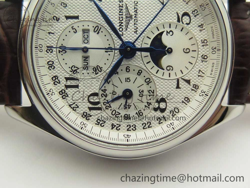 Master Moonphase Chronograph SS GSF 1:1 Best Edition White Dial on Brown Leather Strap A7751
