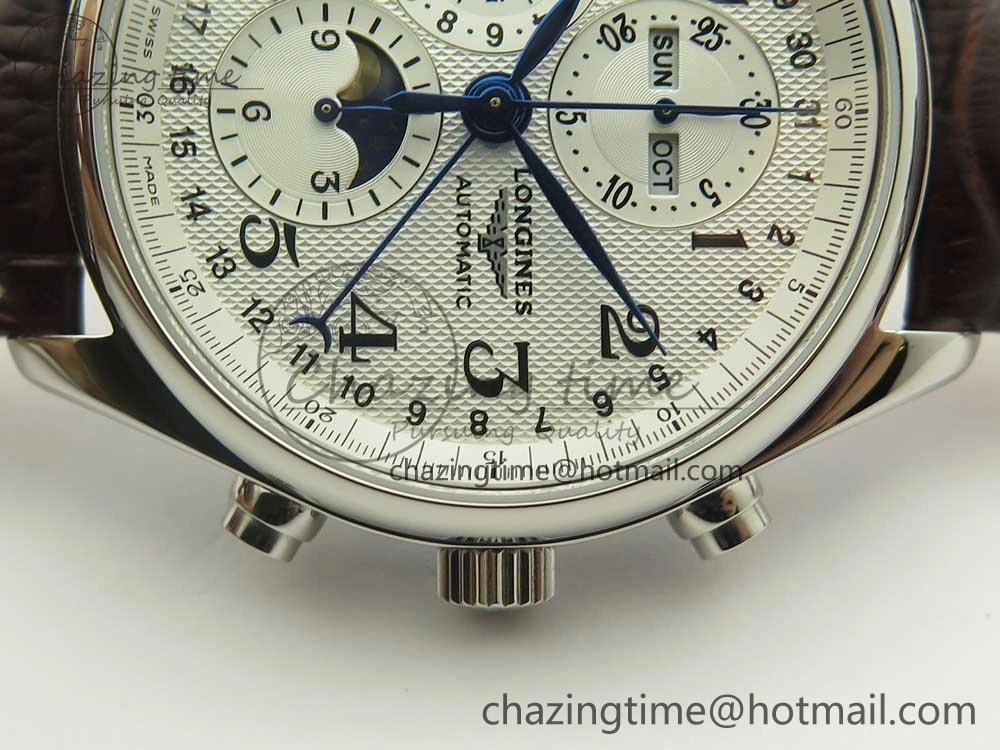 Master Moonphase Chronograph SS GSF 1:1 Best Edition White Dial on Brown Leather Strap A7751