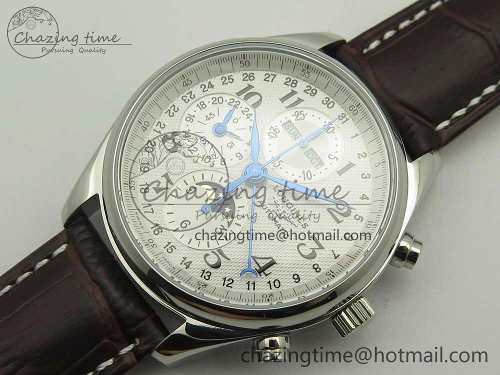 Master Moonphase Chronograph SS GSF 1:1 Best Edition White Dial on Brown Leather Strap A7751