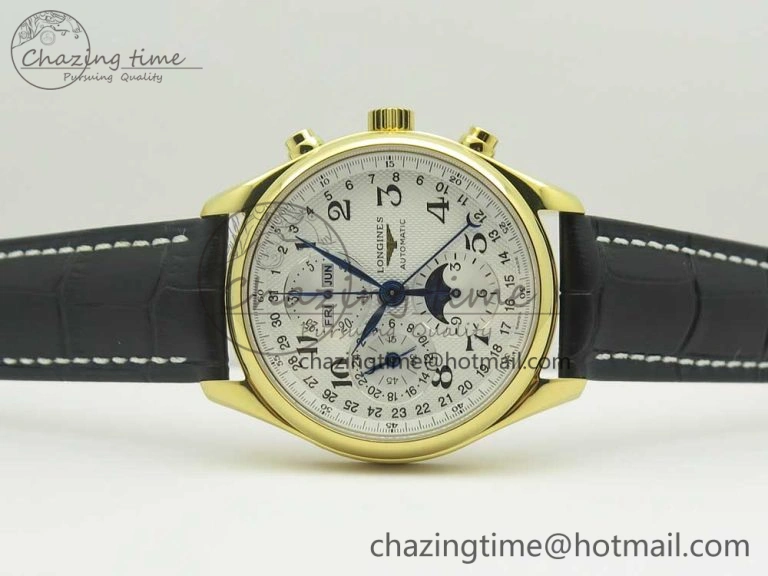 Master Moonphase Chronograph YG GSF 1:1 Best Edition White Dial on Brown Leather Strap A7751
