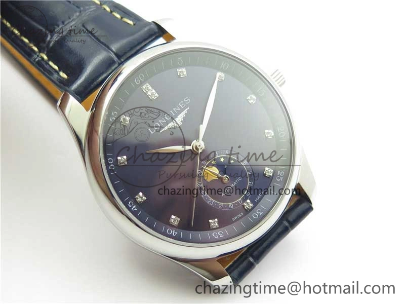 Master Moonphase L2.909.4.78.3 SS GSF 1:1 Best Edtion Blue Dial Crystal Markers On Blue Leather Strap A899 V3