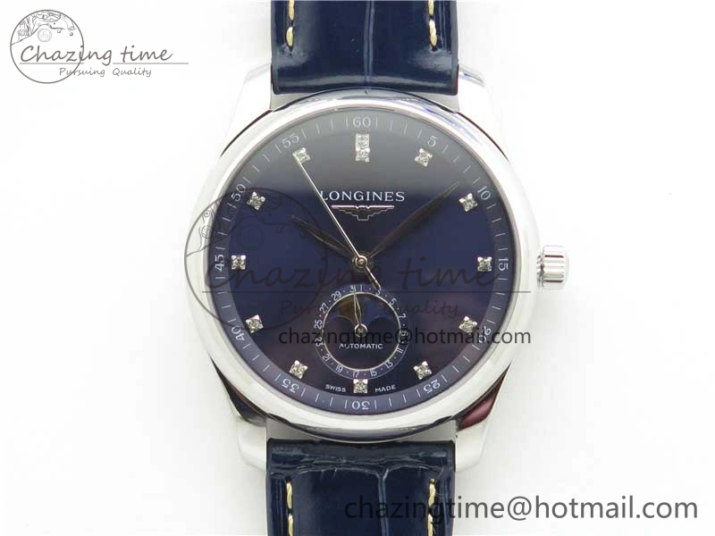 Master Moonphase L2.909.4.78.3 SS GSF 1:1 Best Edtion Blue Dial Crystal Markers On Blue Leather Strap A899 V3