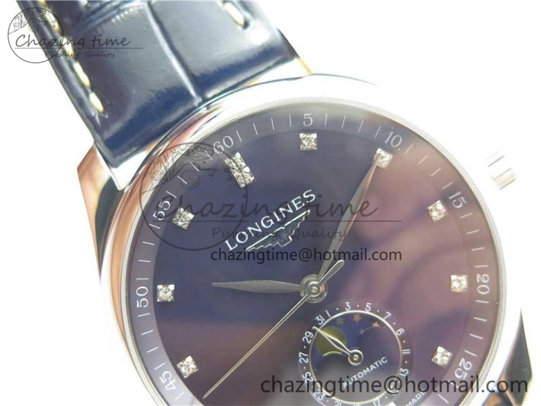Master Moonphase L2.909.4.78.3 SS GSF 1:1 Best Edtion Blue Dial Crystal Markers On Blue Leather Strap A899 V3