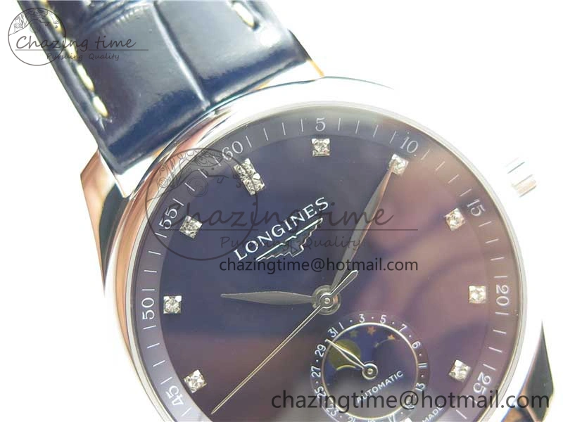 Master Moonphase L2.909.4.78.3 SS GSF 1:1 Best Edtion Blue Dial Crystal Markers On Blue Leather Strap A899 V3