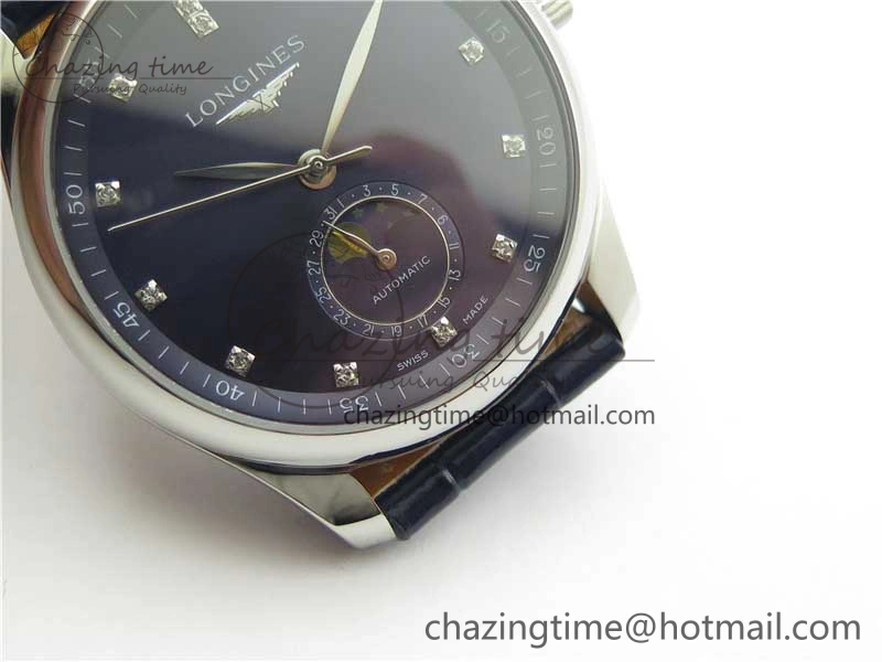 Master Moonphase L2.909.4.78.3 SS GSF 1:1 Best Edtion Blue Dial Crystal Markers On Blue Leather Strap A899 V3
