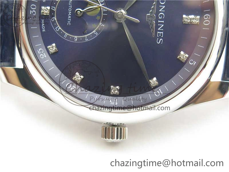 Master Moonphase L2.909.4.78.3 SS GSF 1:1 Best Edtion Blue Dial Crystal Markers On Blue Leather Strap A899 V3