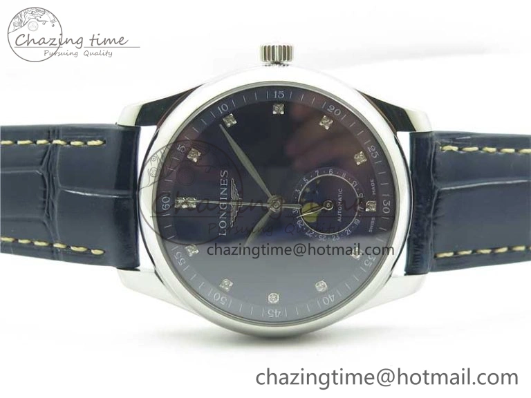 Master Moonphase L2.909.4.78.3 SS GSF 1:1 Best Edtion Blue Dial Crystal Markers On Blue Leather Strap A899 V3