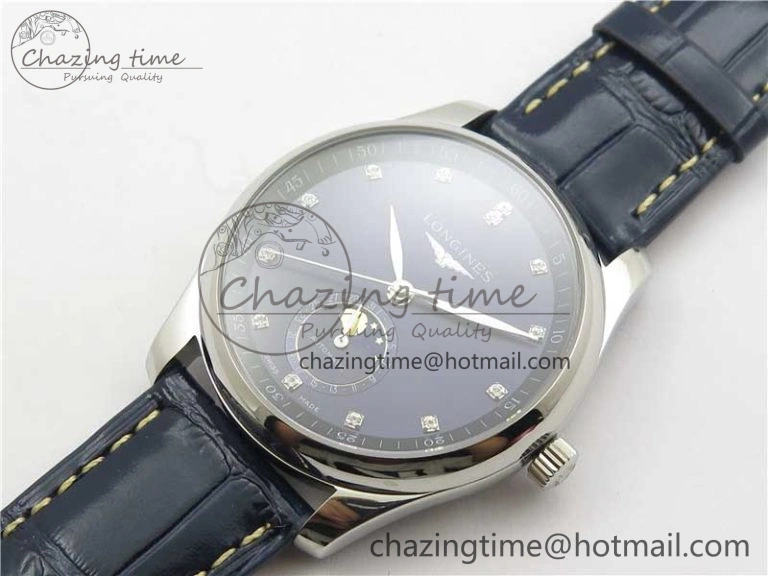 Master Moonphase L2.909.4.78.3 SS GSF 1:1 Best Edtion Blue Dial Crystal Markers On Blue Leather Strap A899 V3