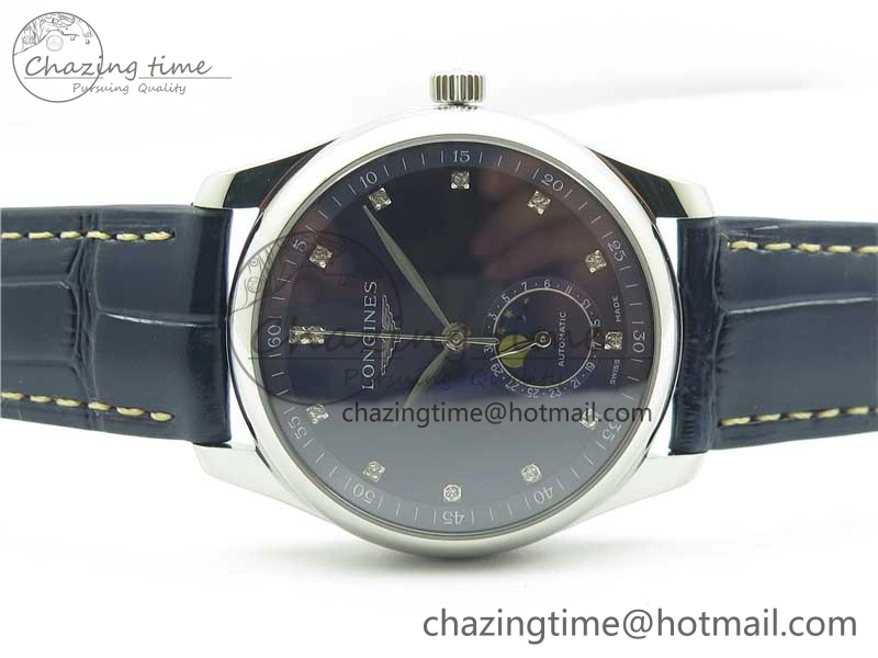 Master Moonphase L2.909.4.78.3 SS GSF 1:1 Best Edtion Blue Dial Crystal Markers On Blue Leather Strap A899 V3