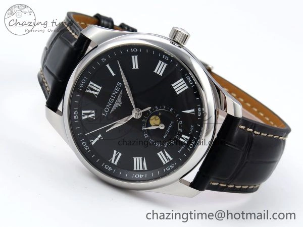 Master Moonphase SS APSF 1:1 Best Edition Black Roman Dial on Black Leather Strap AL899