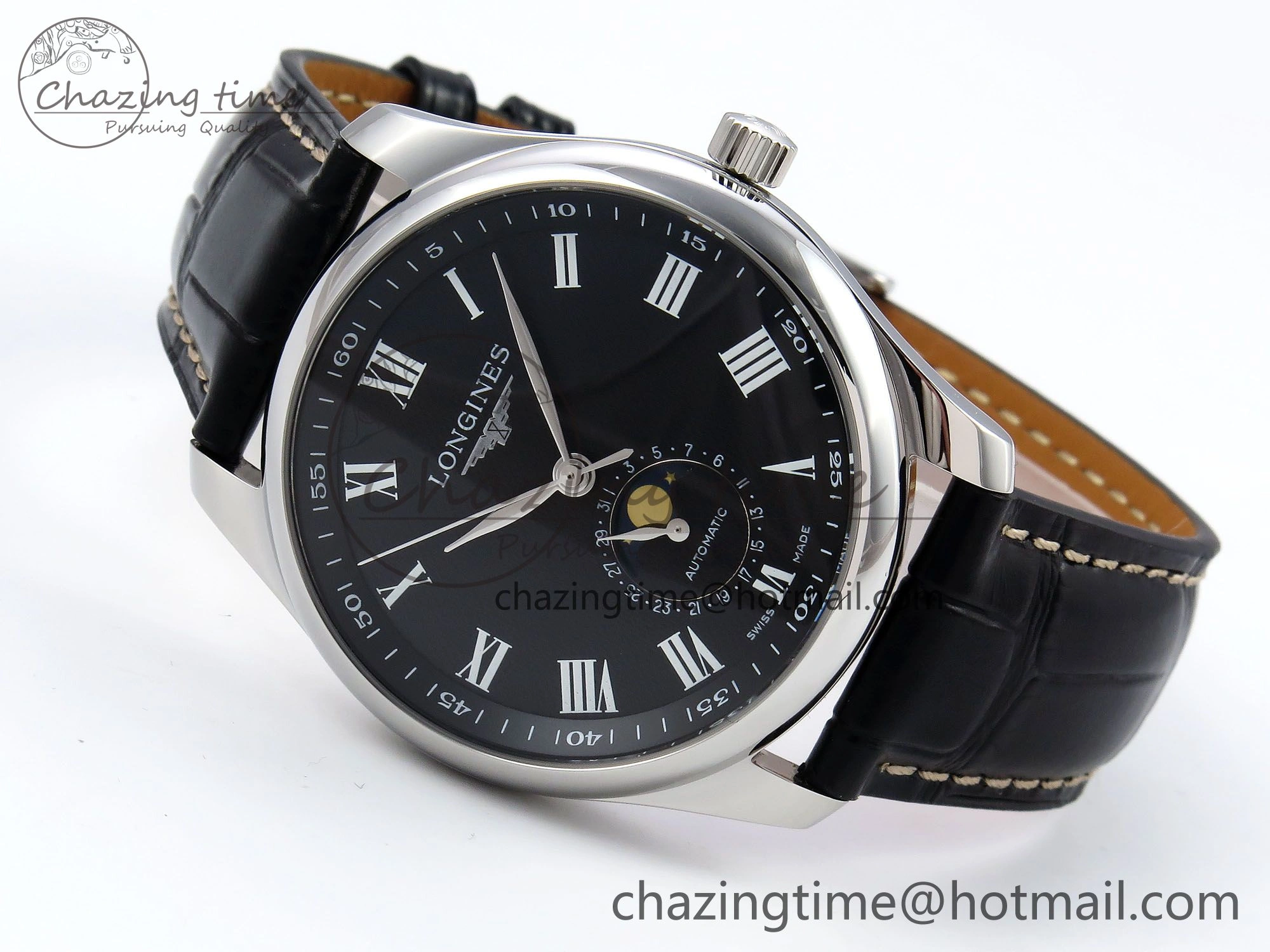 Master Moonphase SS APSF 1:1 Best Edition Black Roman Dial on Black Leather Strap AL899