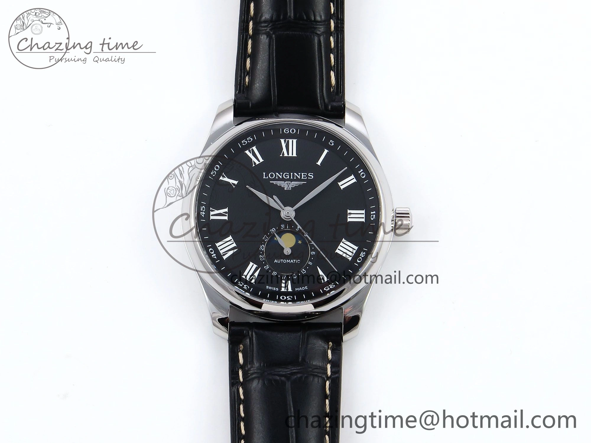 Master Moonphase SS APSF 1:1 Best Edition Black Roman Dial on Black Leather Strap AL899