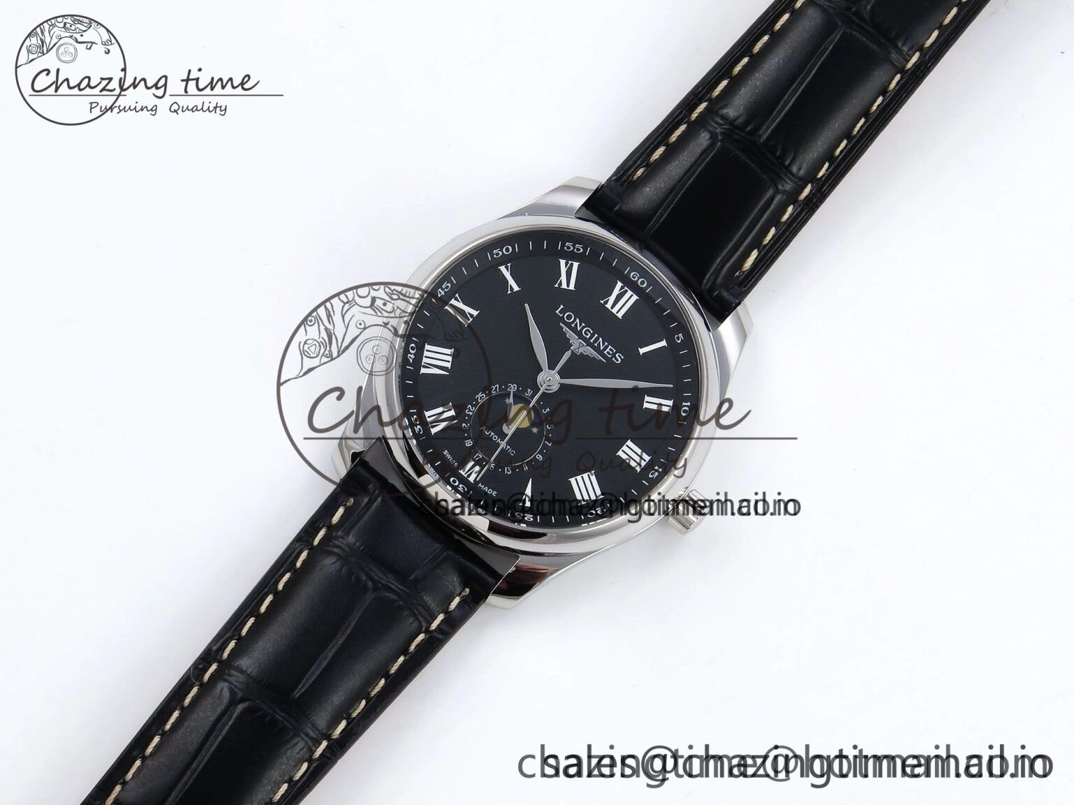 Master Moonphase SS APSF 1:1 Best Edition Black Roman Dial on Black Leather Strap AL899