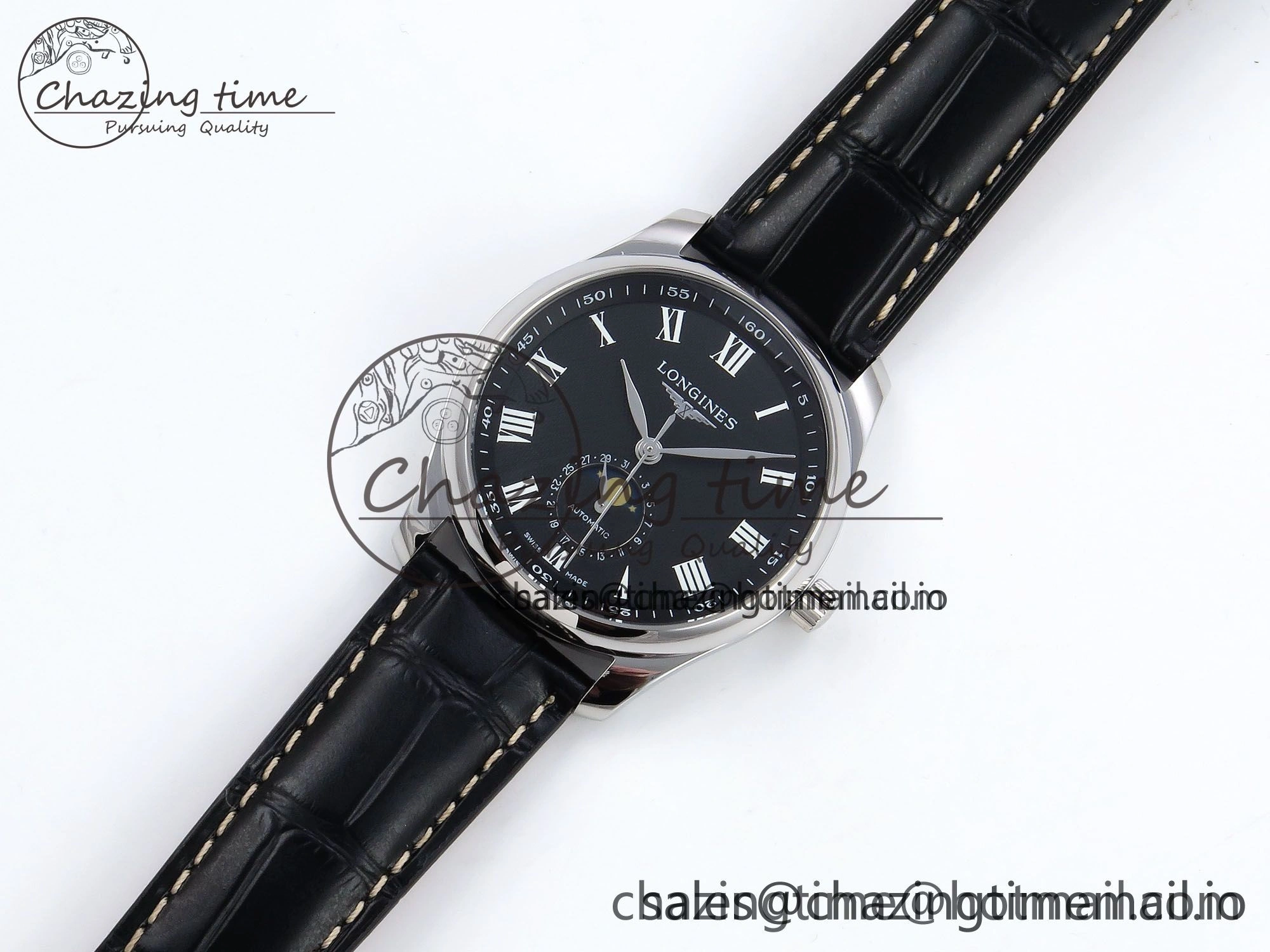 Master Moonphase SS APSF 1:1 Best Edition Black Roman Dial on Black Leather Strap AL899
