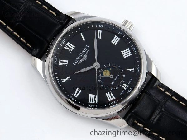 Master Moonphase SS APSF 1:1 Best Edition Black Roman Dial on Black Leather Strap AL899