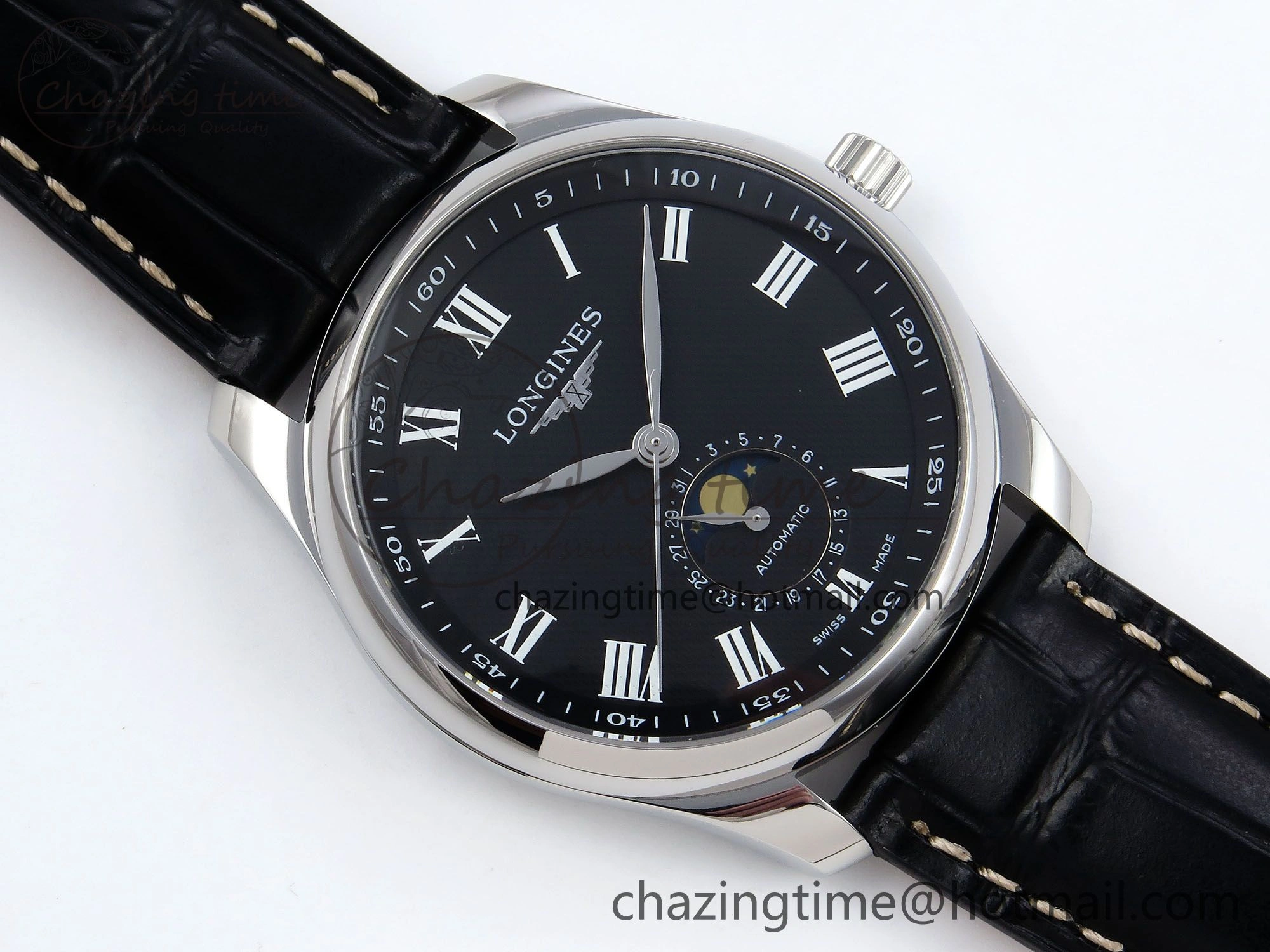 Master Moonphase SS APSF 1:1 Best Edition Black Roman Dial on Black Leather Strap AL899