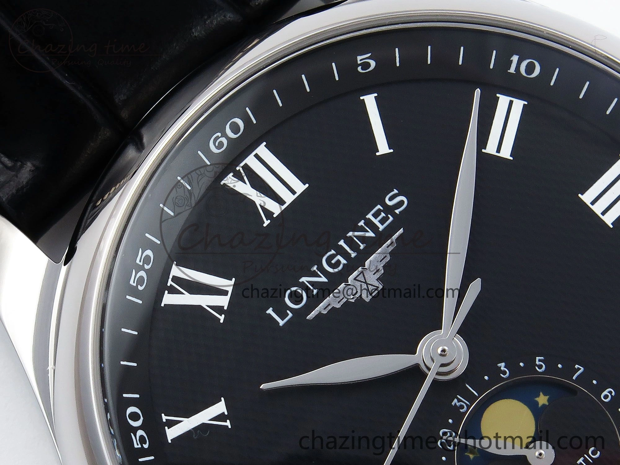 Master Moonphase SS APSF 1:1 Best Edition Black Roman Dial on Black Leather Strap AL899