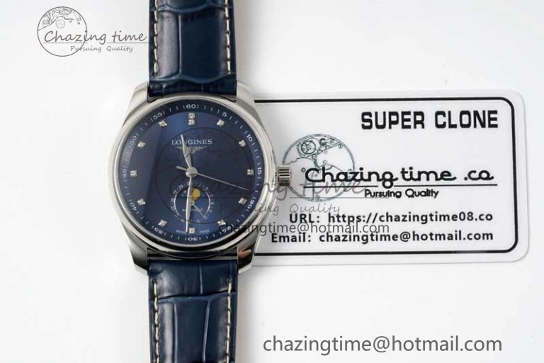 Master Moonphase SS APSF 1:1 Best Edition Blue Diamonds Dial on Blue Leather Strap AL899