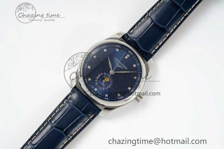 Master Moonphase SS APSF 1:1 Best Edition Blue Diamonds Dial on Blue Leather Strap AL899